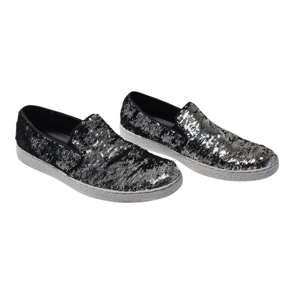INC Men's Flash Slip-on sneakers 8M Black & White sequins pre-owned - Picture 2 of 6